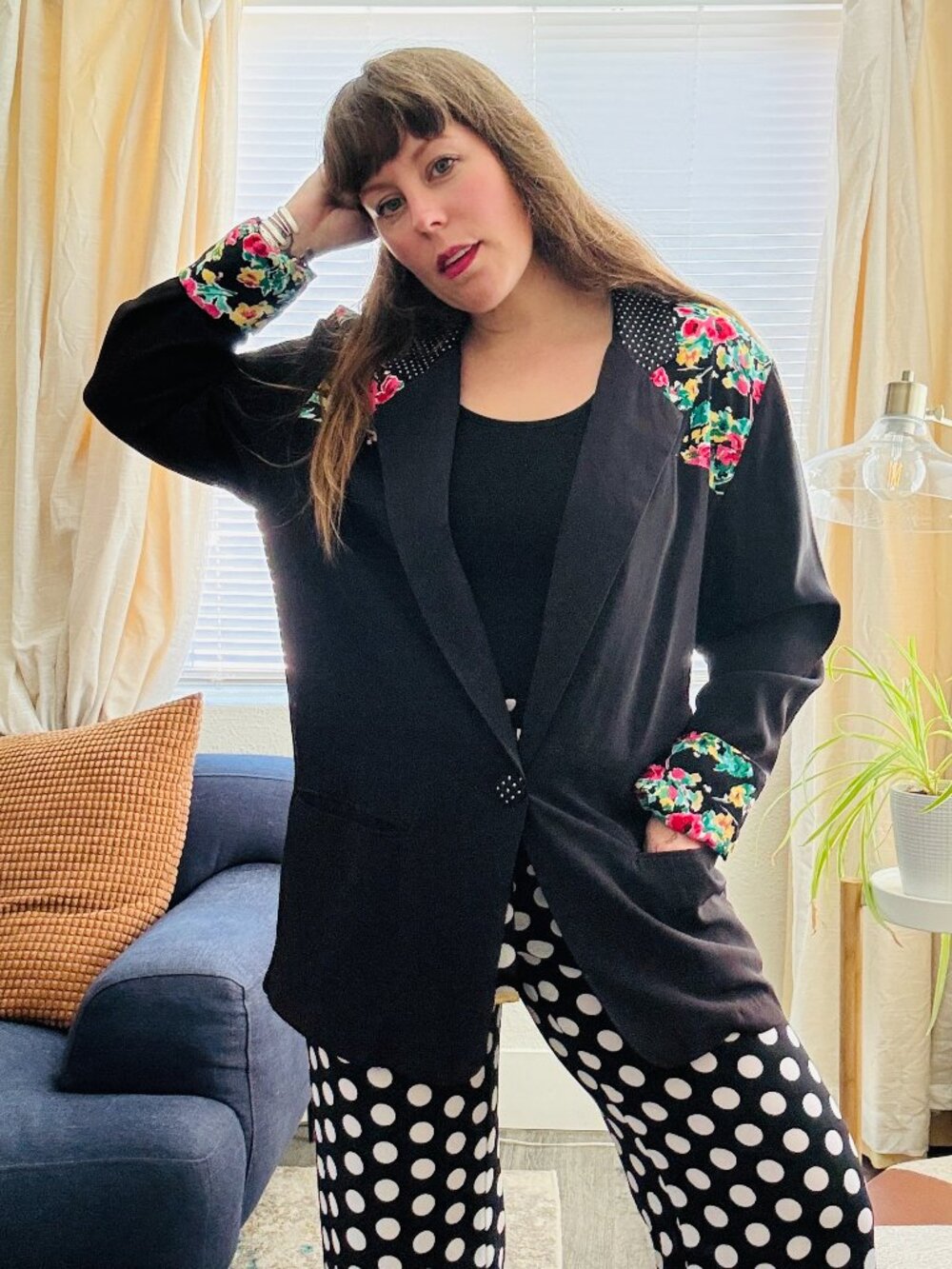 PRICE FIRM Vintage Lightweight Blazer 90s Paris Sport Club Floral Polka Dot L/XL